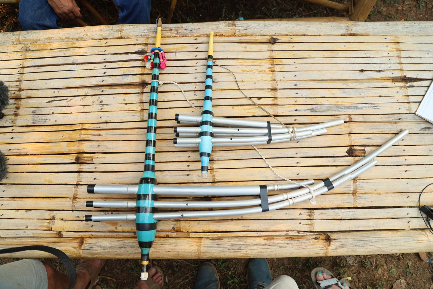 Measuring a Hmong mouth organ with sensors, Ban Pang Kyae, Northern Thailand, 2025.