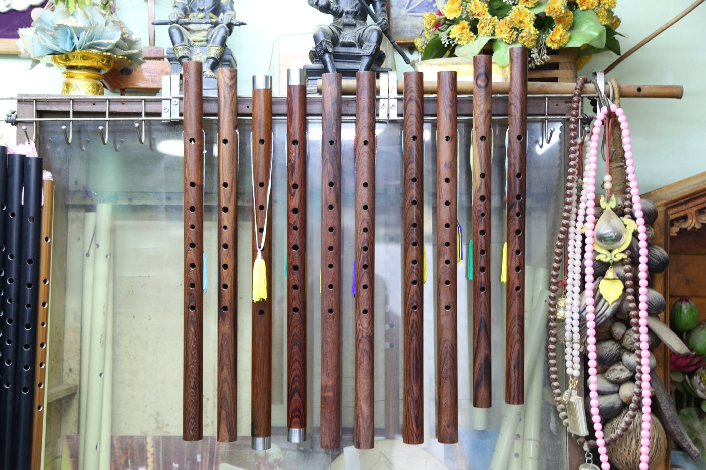 Khlui flutes at the Ban Lao flute-making community, Bangkok, 2024.